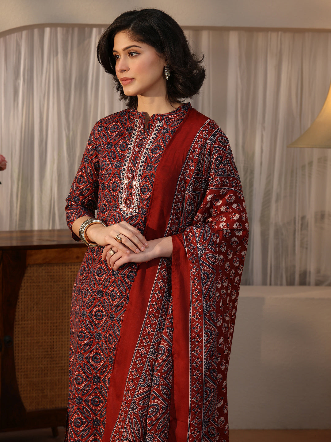  Gerua Maroon Ajrakh Printed Straight Suit Set 