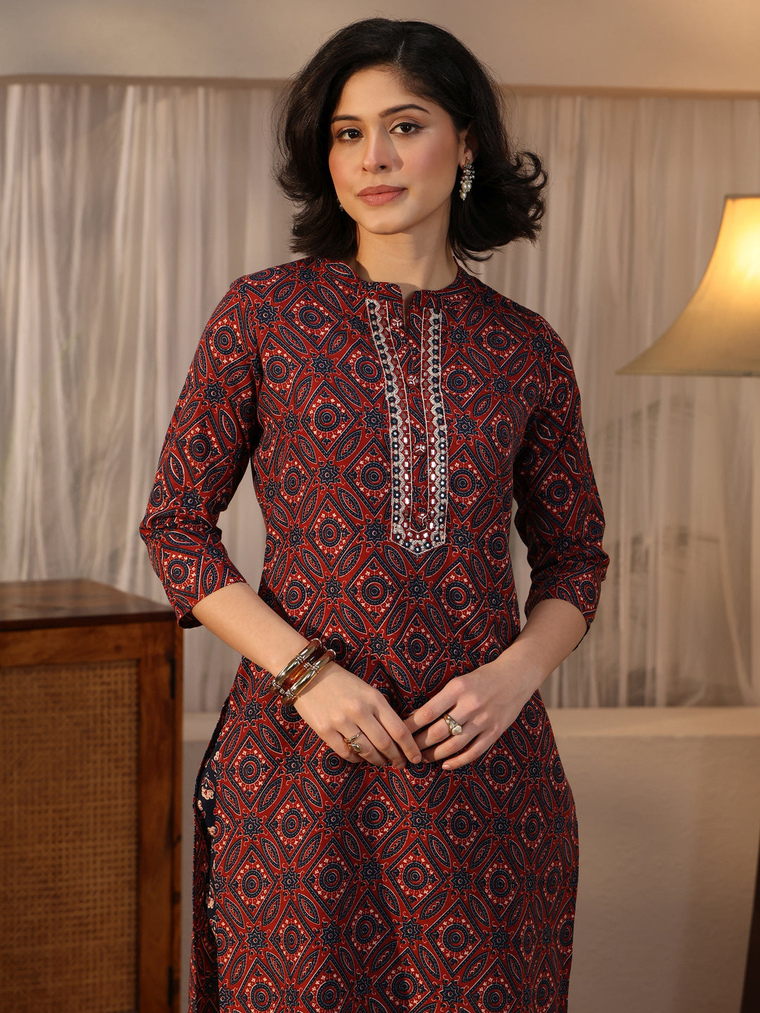  Gerua Maroon Ajrakh Printed Straight Suit Set 