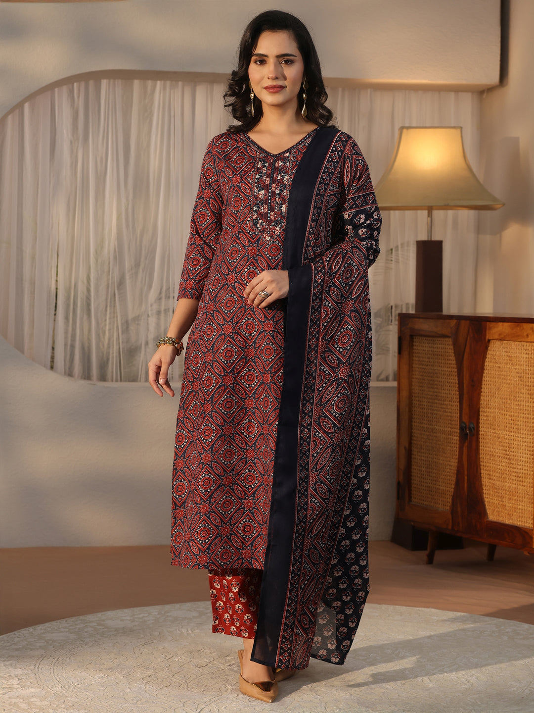  Gerua Blue Ajrakh Printed Straight Suit Set 