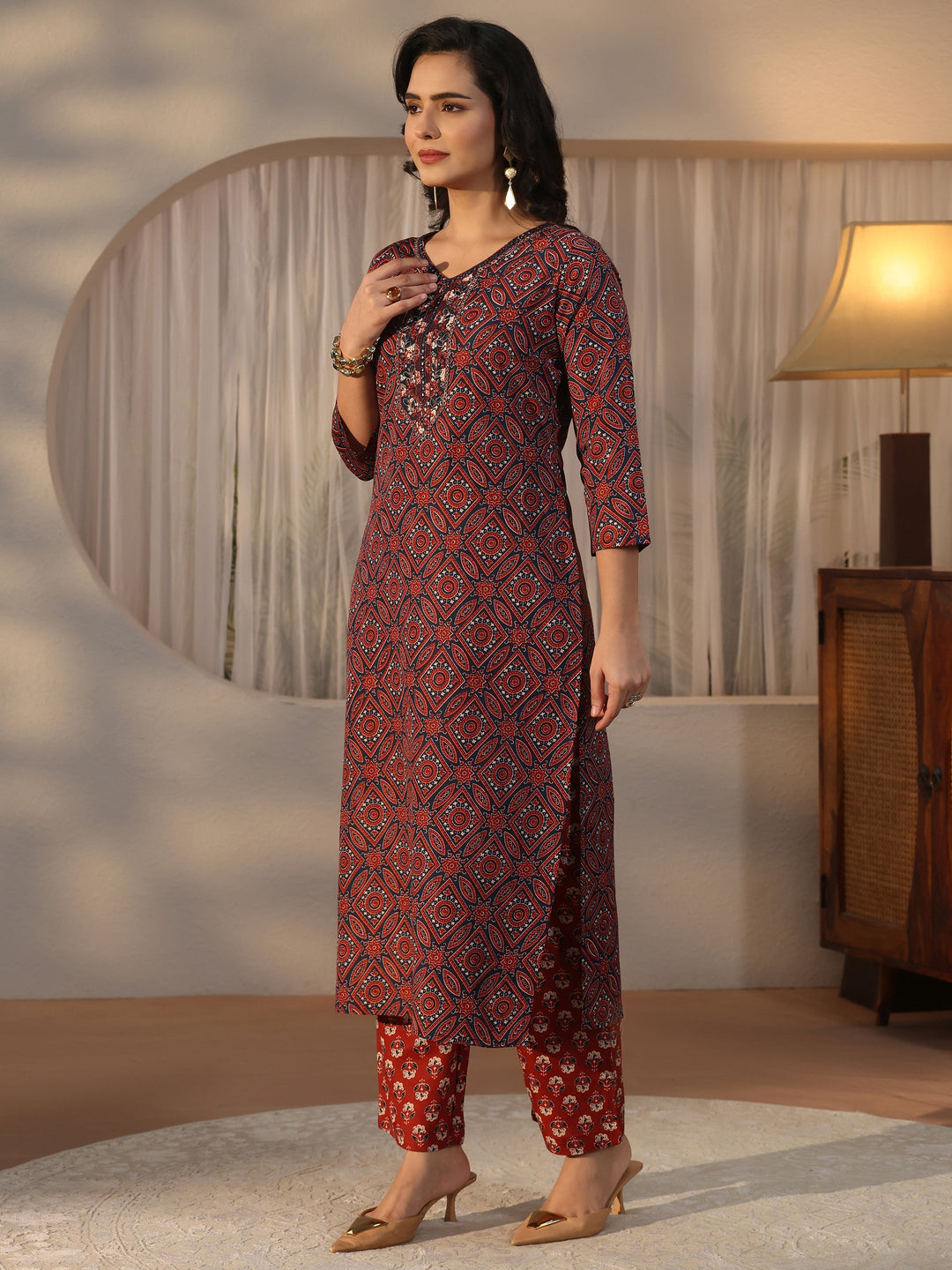  Gerua Blue Ajrakh Printed Straight Suit Set 
