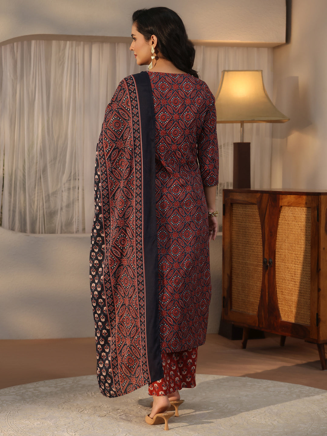  Gerua Blue Ajrakh Printed Straight Suit Set 