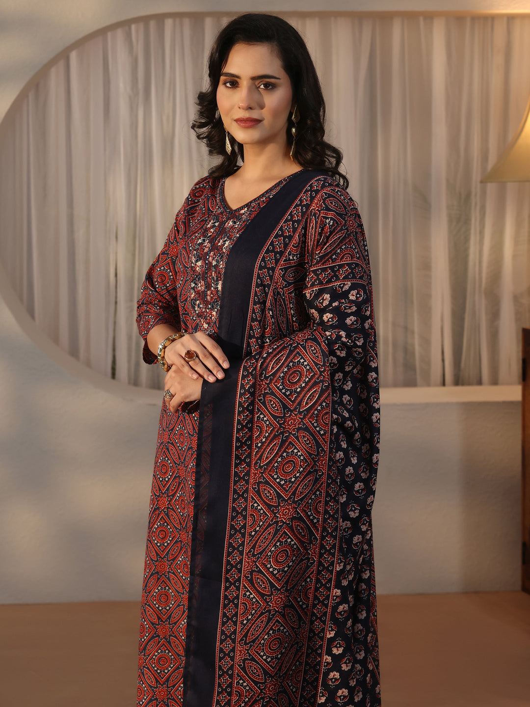  Gerua Blue Ajrakh Printed Straight Suit Set 