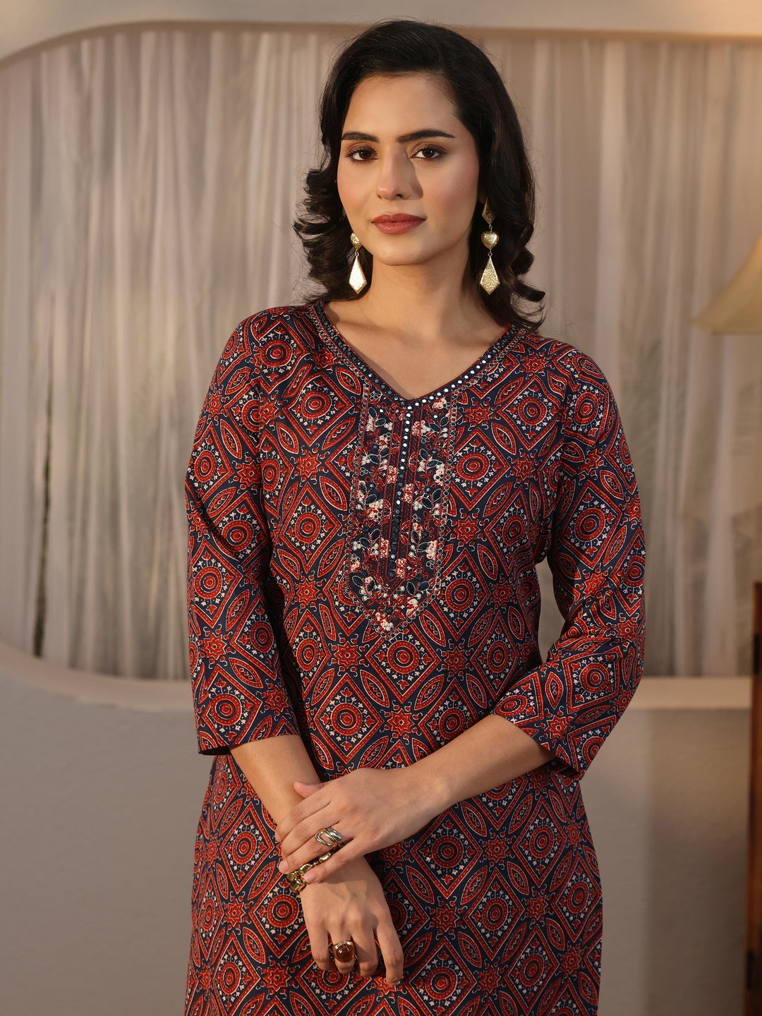  Gerua Blue Ajrakh Printed Straight Suit Set 