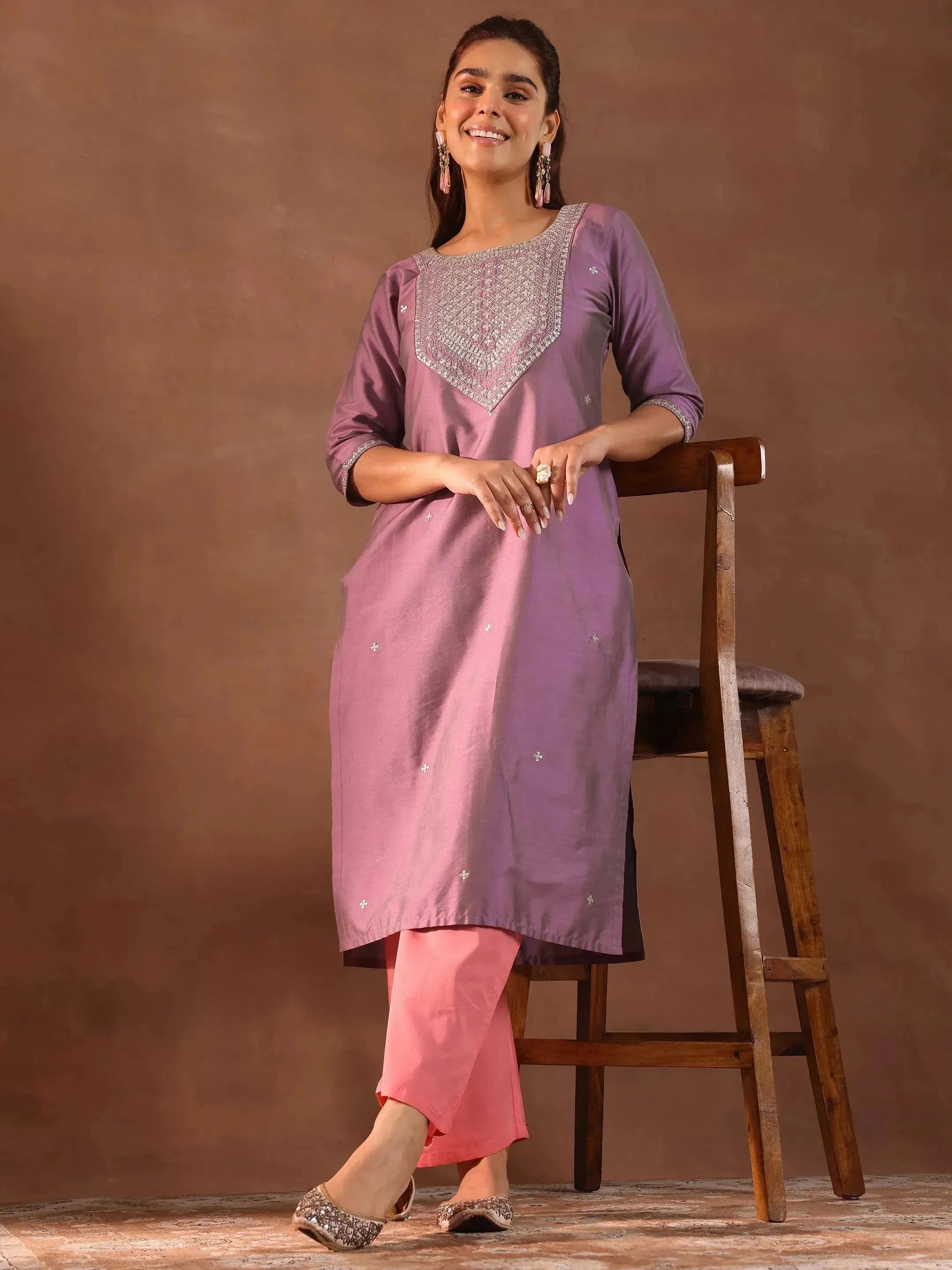 libas Purple Embroidered Silk Straight Kurta-picture-32