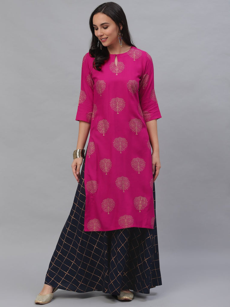 Gerua Pink Rayon Printed Kurta With Blue Skirt