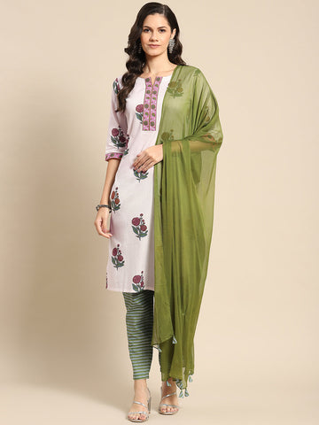 White Printed Cotton Suit Set