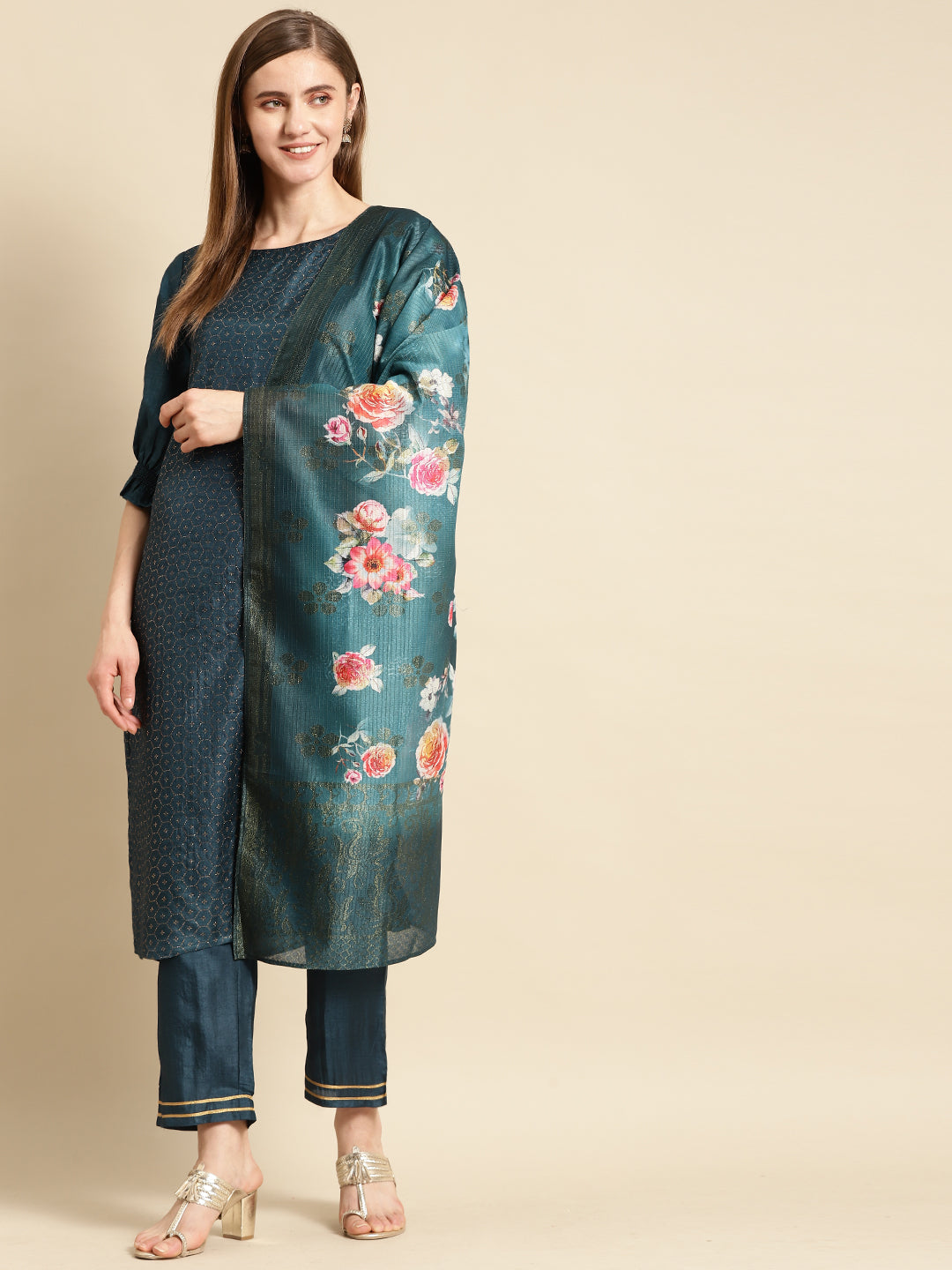 Teal Self Design Silk Blend Straight Suit Set