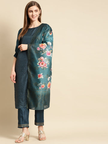 Teal Self Design Silk Blend Straight Suit Set