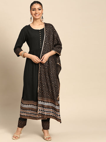 Black Solid Rayon Suit Set
