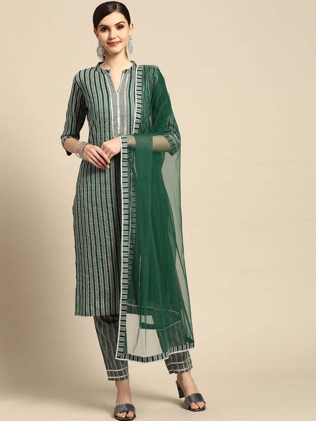 Green Striped Cotton Blend Suit Set