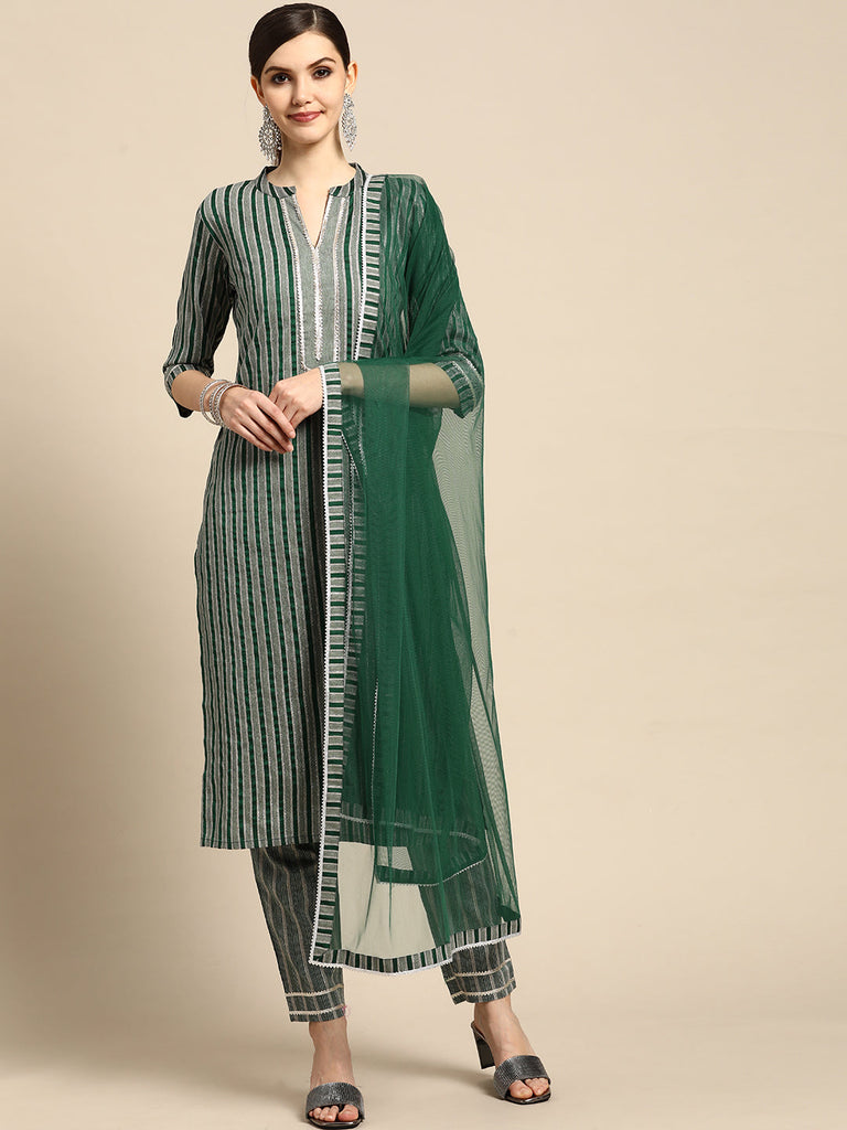 Gerua Green Striped Cotton Blend Suit Set