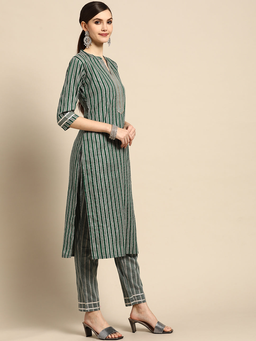  Green Striped Cotton Blend Suit Set 