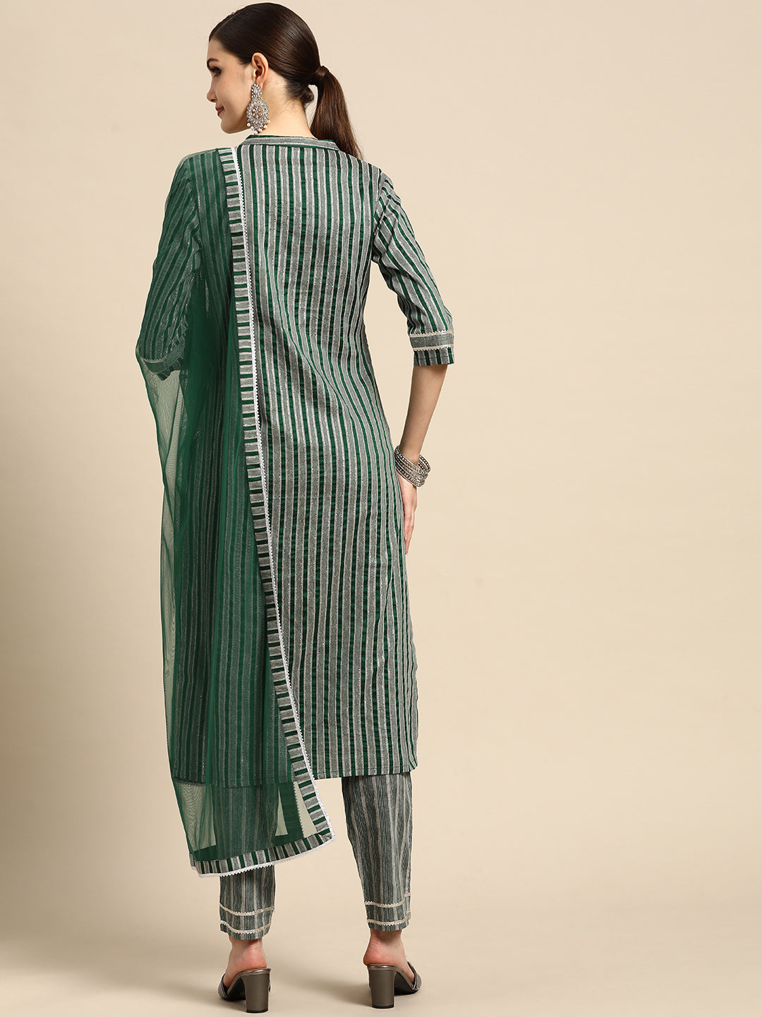  Green Striped Cotton Blend Suit Set 