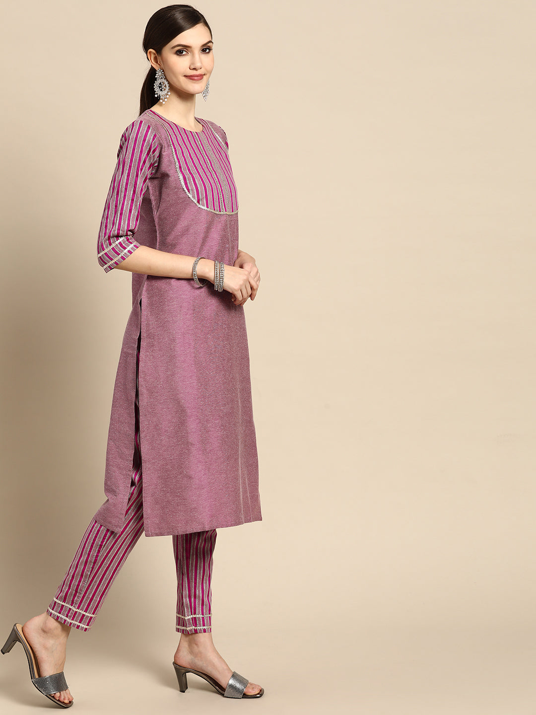  Pink Yoke Design Cotton Blend Suit Set 