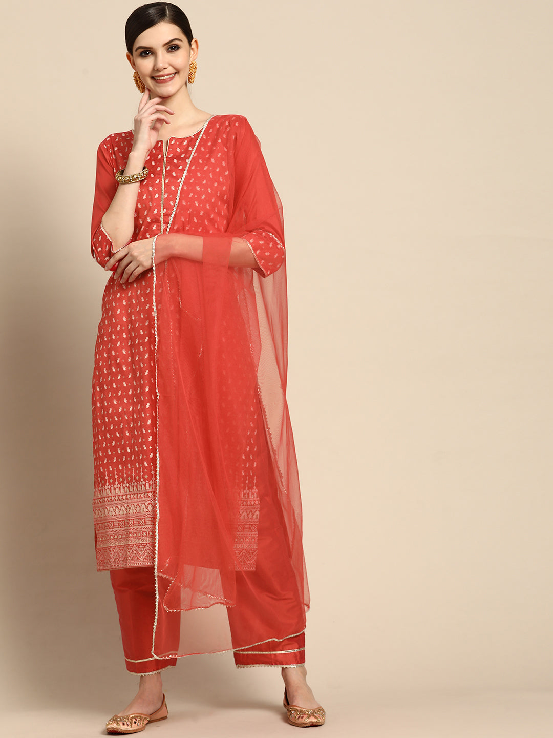 Red Printed Silk Blend Suit Set