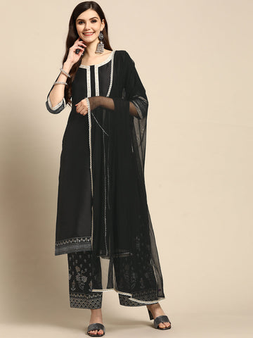 Black Solid Silk Blend Suit Set