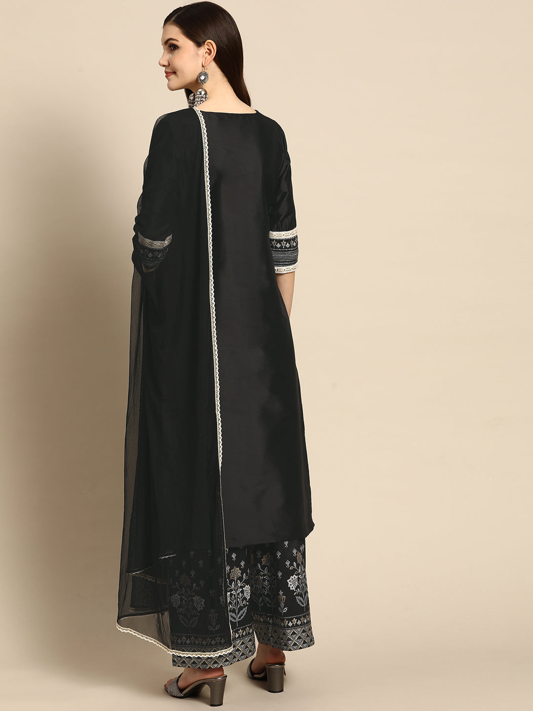  Black Solid Silk Blend Suit Set 