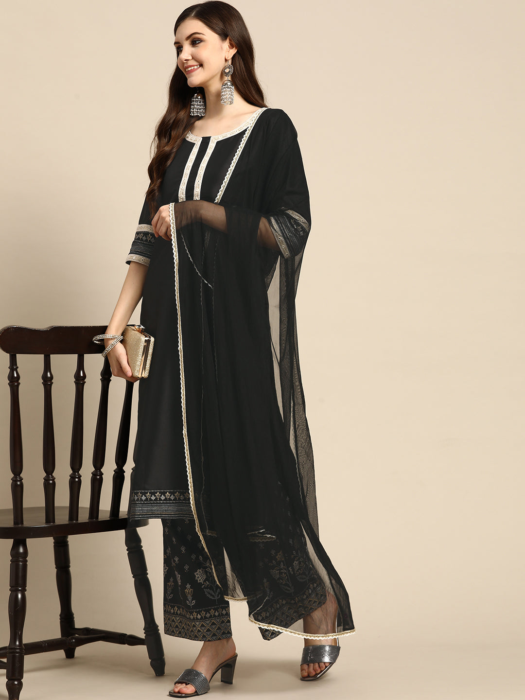  Black Solid Silk Blend Suit Set 