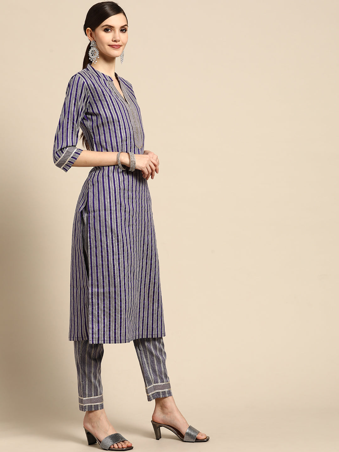  Purple Striped Cotton Blend Suit Set 