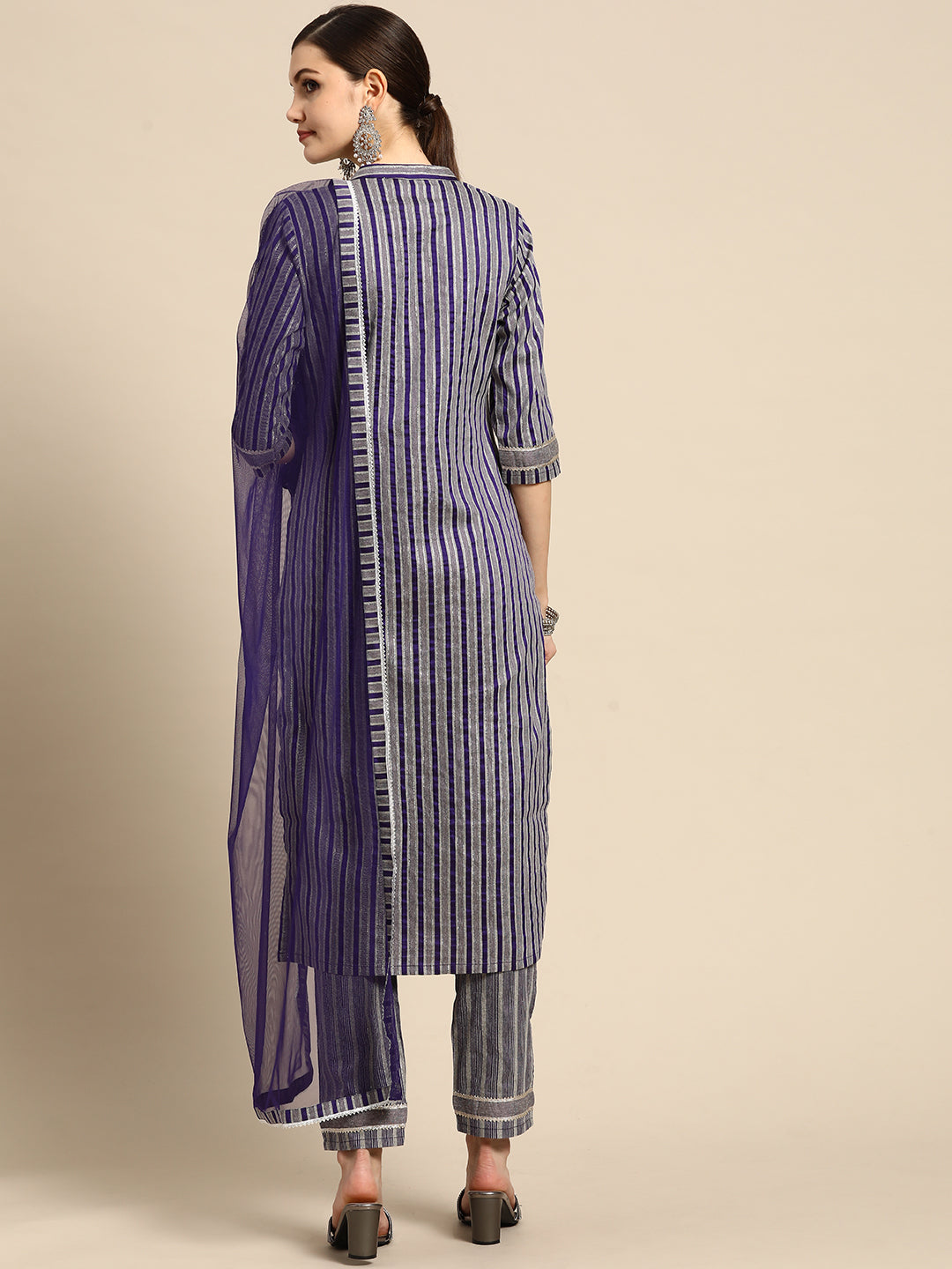  Purple Striped Cotton Blend Suit Set 