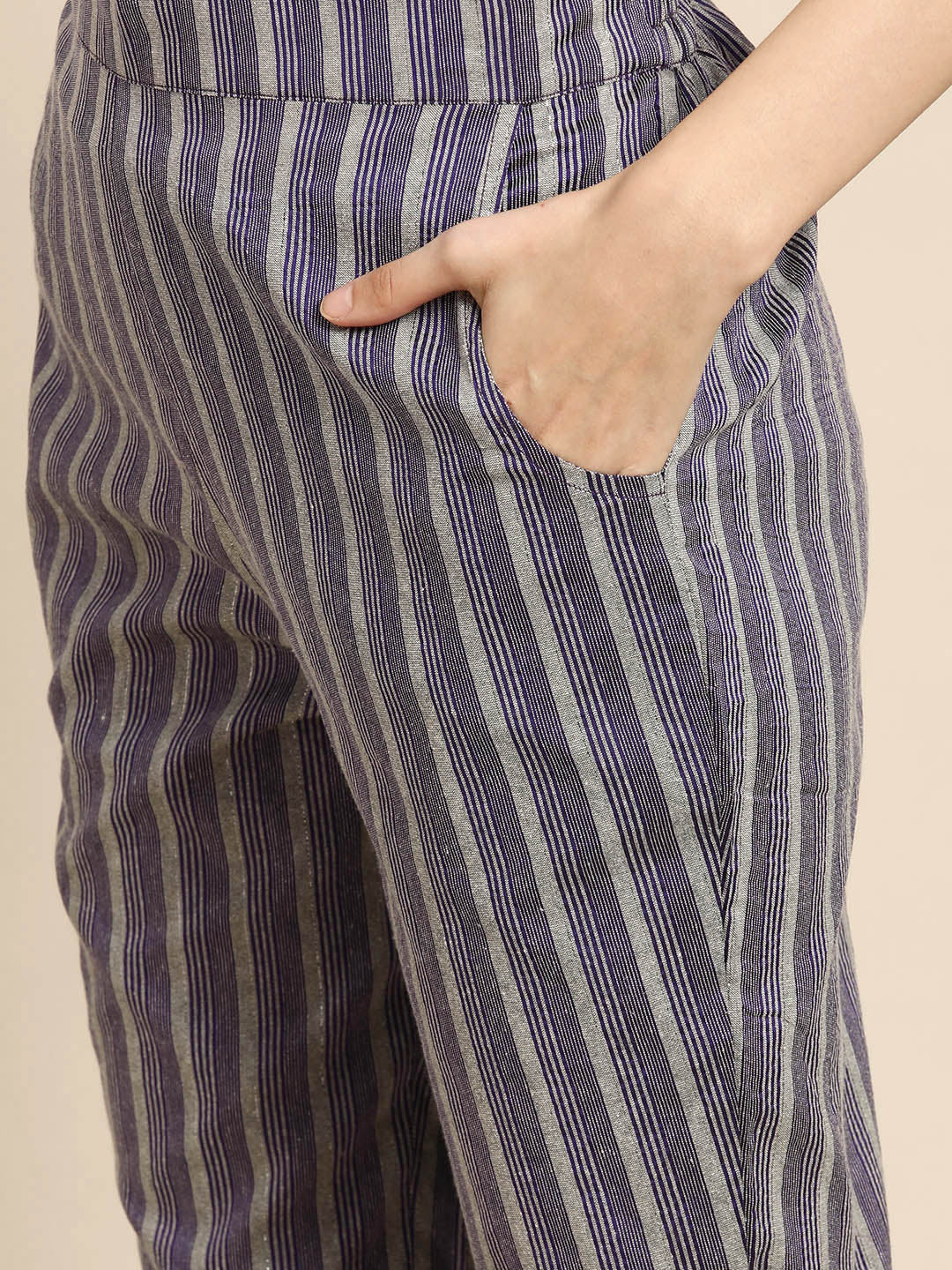  Purple Striped Cotton Blend Suit Set 