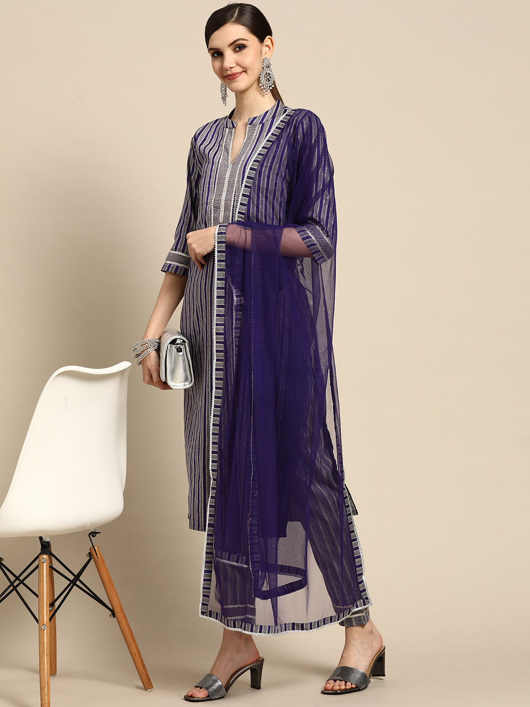  Purple Striped Cotton Blend Suit Set 