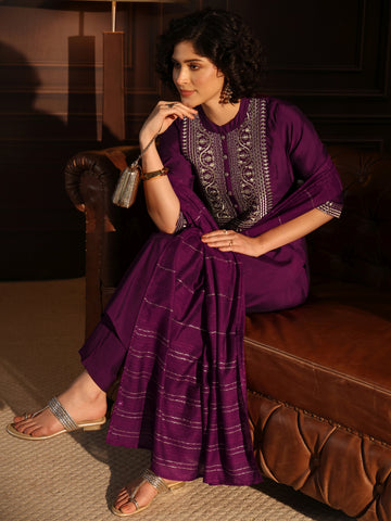 Gerua Wine Yoke Design Silk Blend Straight Suit With Dupatta