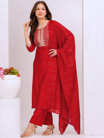 Red Yoke Design Silk Blend Straight Suit With Dupatta - Libas