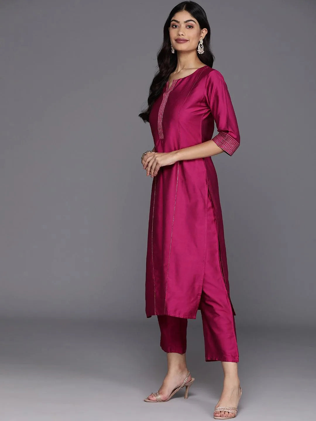 Pink Solid Silk Blend Straight Suit With Dupatta - Libas 