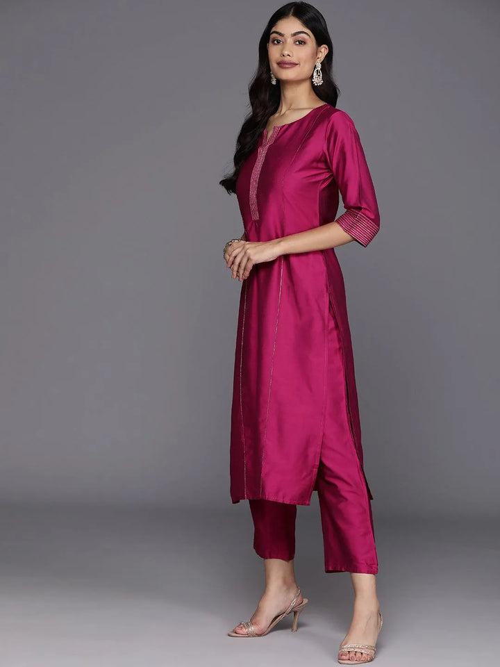 Pink Solid Silk Blend Straight Suit With Dupatta - Libas