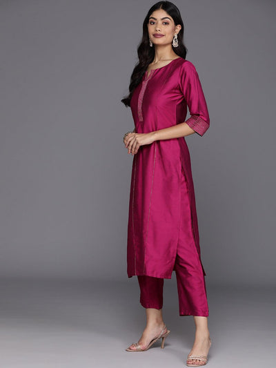 Pink Solid Silk Blend Straight Suit With Dupatta - Libas