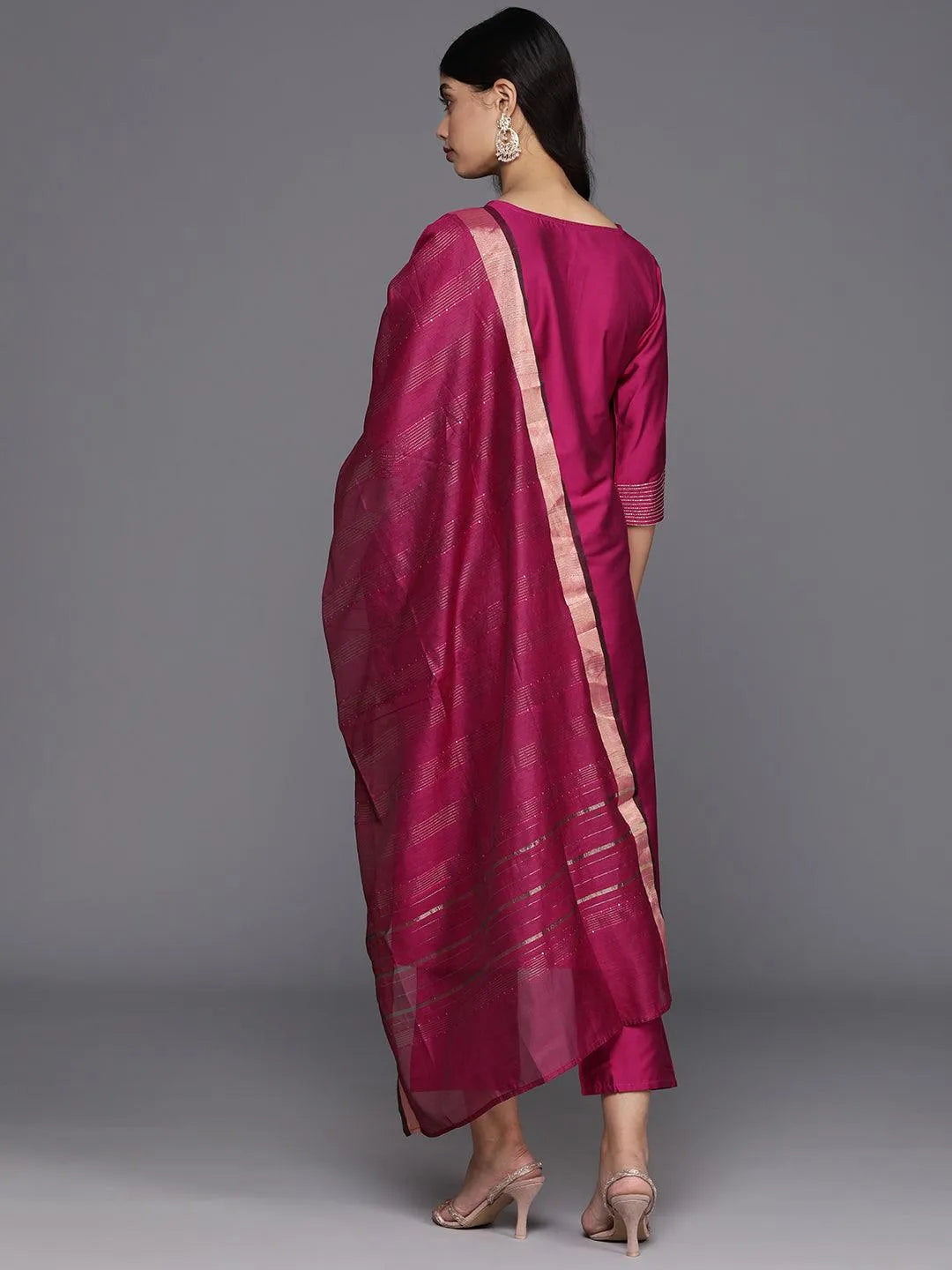 Pink Solid Silk Blend Straight Suit With Dupatta - Libas 