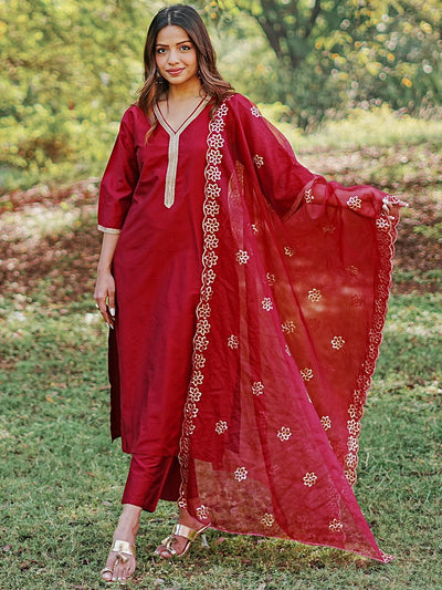 Maroon Solid Silk Blend Straight Suit With Dupatta - Libas