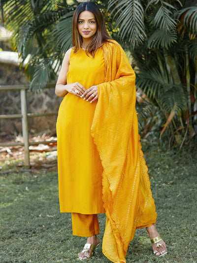 Mustard Solid Silk Blend Straight Suit With Dupatta - Libas