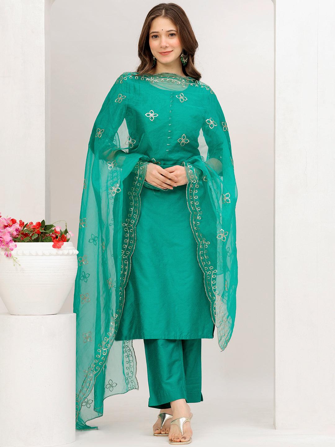 Green Solid Silk Blend Straight Suit With Dupatta