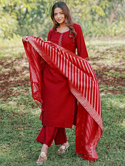 Red Solid Silk Blend Straight Suit With Dupatta - Libas