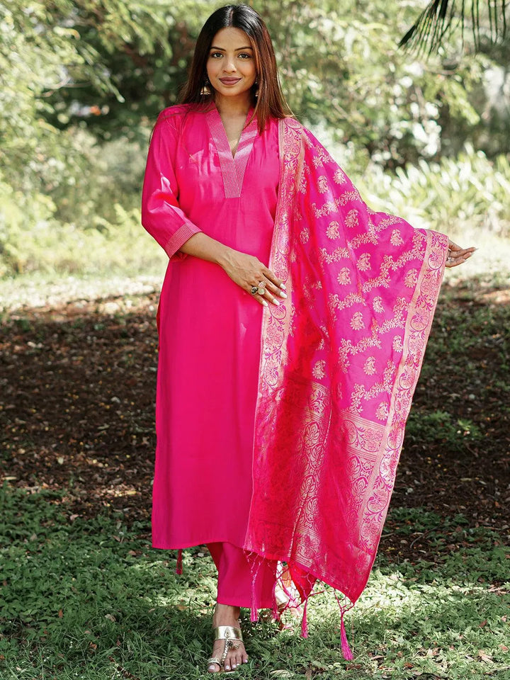 Pink Solid Silk Blend Straight Suit With Dupatta - Libas