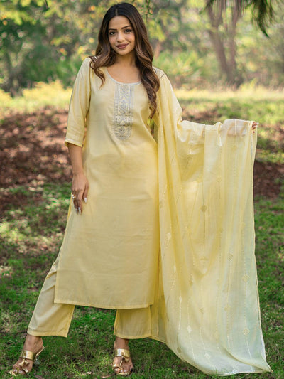 Yellow Yoke Design Silk Blend Straight Suit With Dupatta - Libas