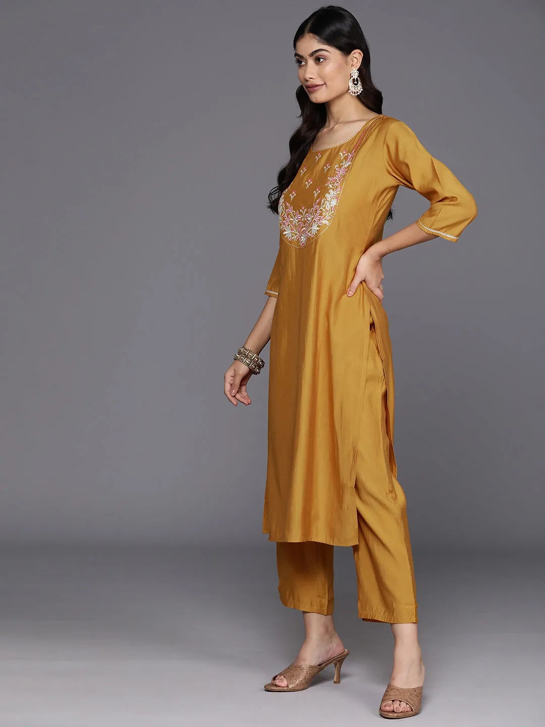  Mustard Yoke Design Silk Blend Straight Suit With Dupatta 
