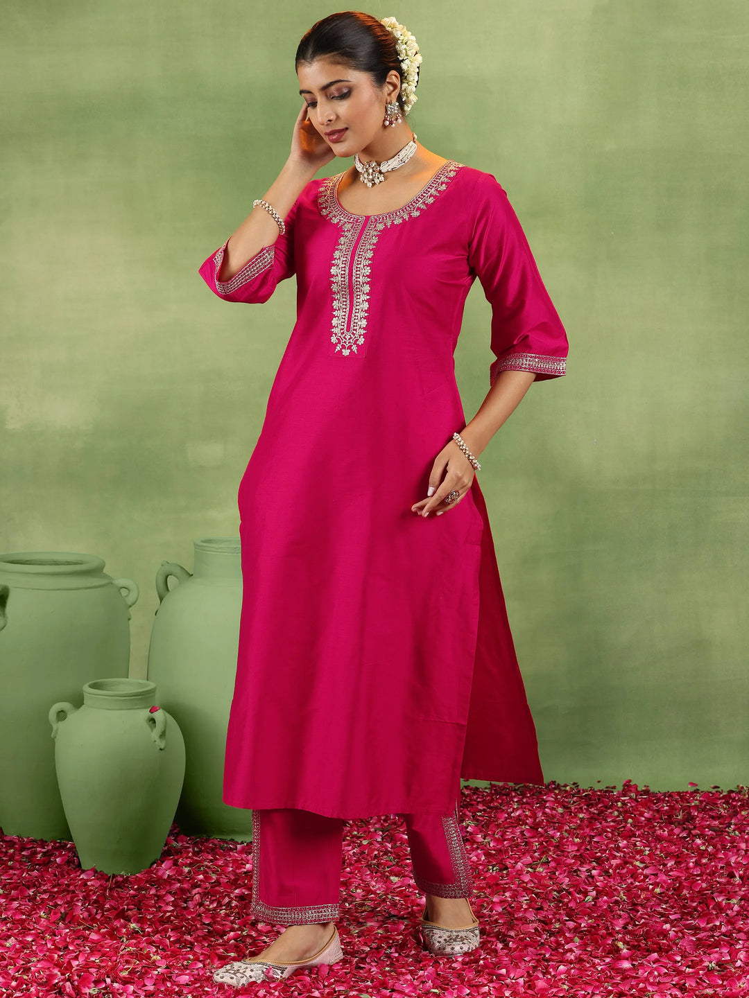  Coral Yoke Design Silk Blend Straight Suit With Dupatta 
