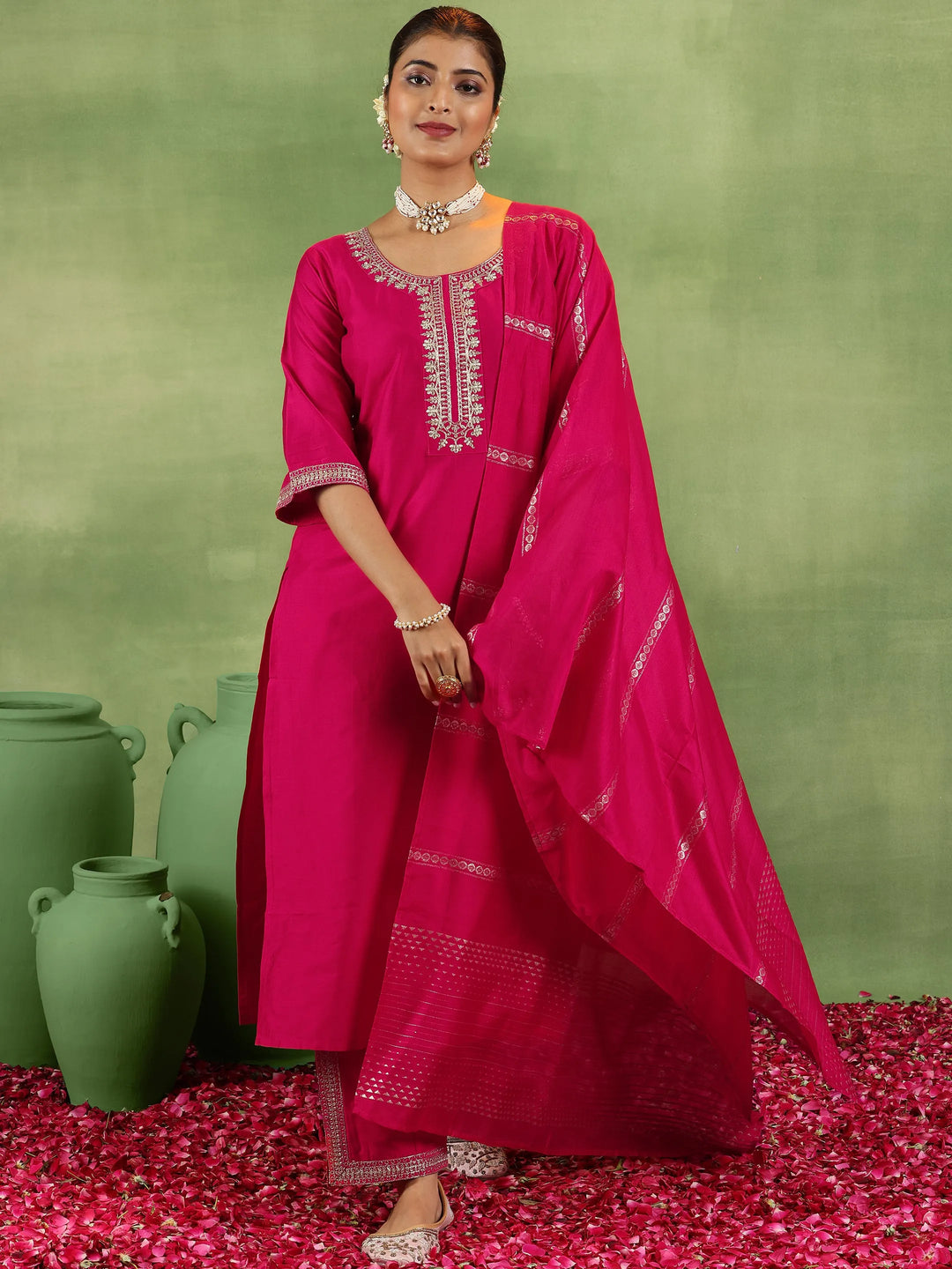  Coral Yoke Design Silk Blend Straight Suit With Dupatta 