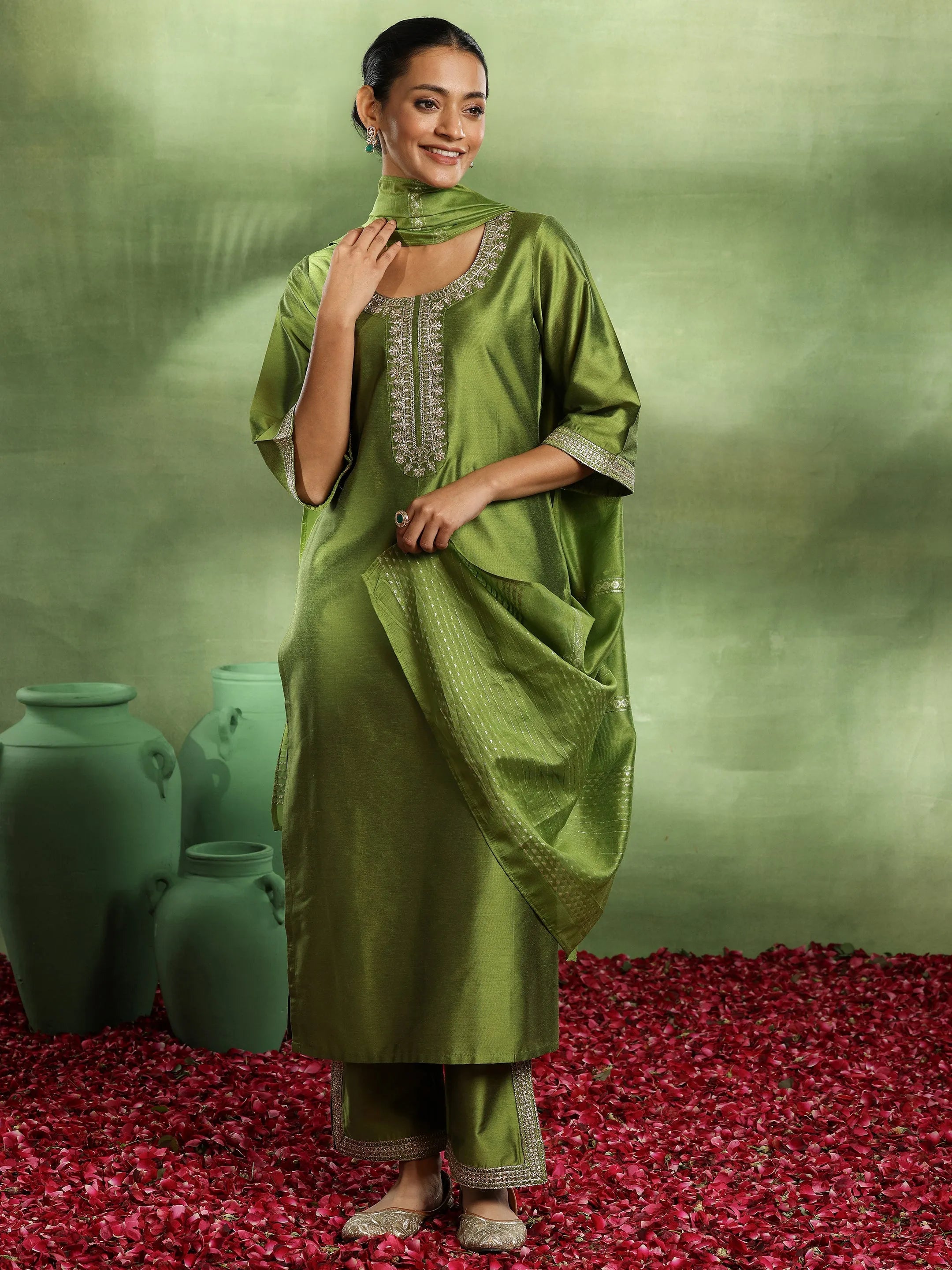 libas Green Yoke Design Silk Blend Straight Suit With Dupatta-picture-23