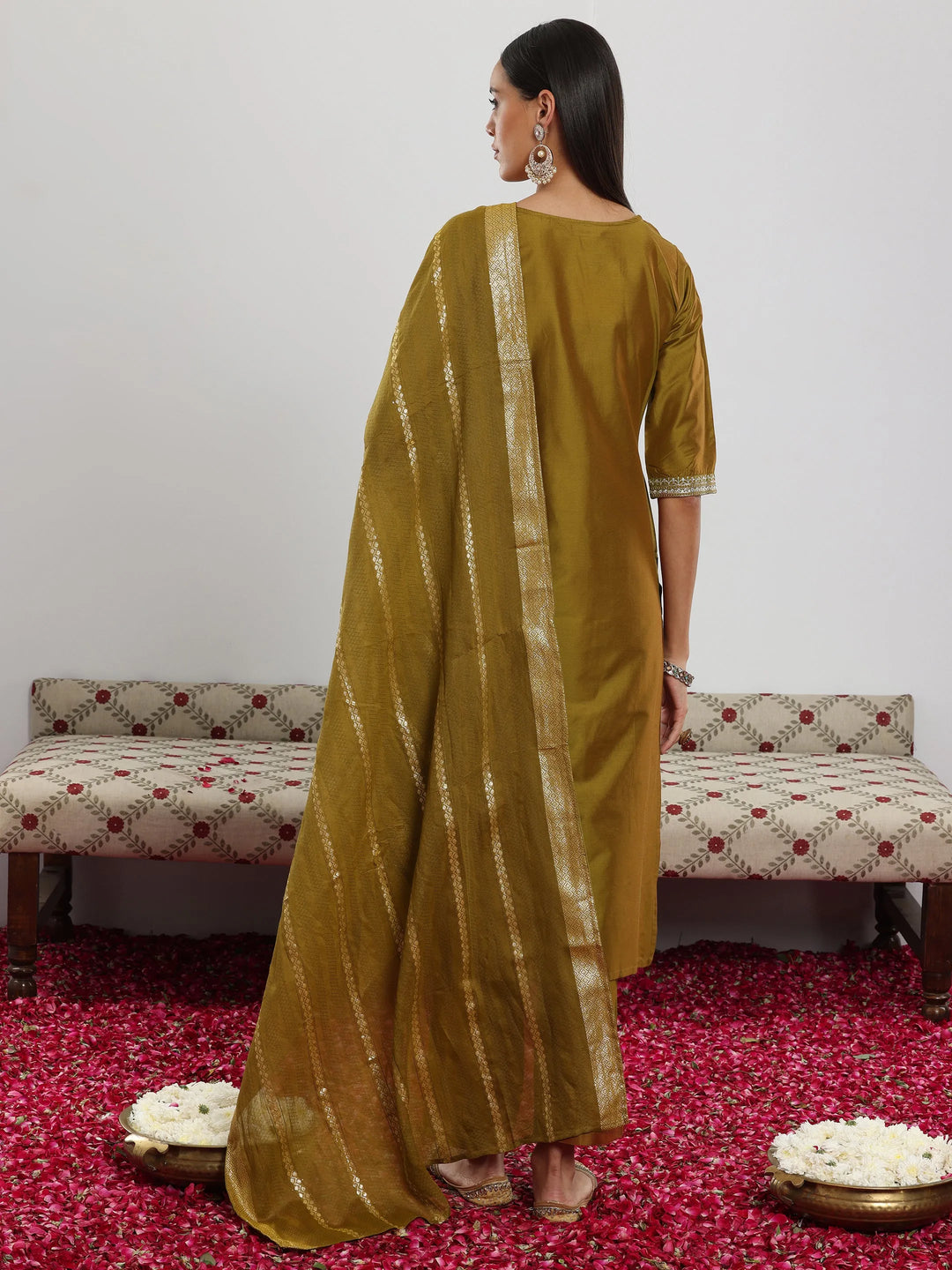  Mustard Yoke Design Silk Blend Straight Suit With Dupatta 