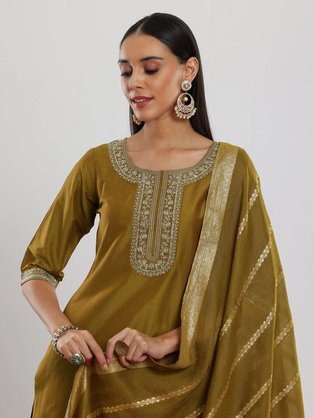  Mustard Yoke Design Silk Blend Straight Suit With Dupatta 