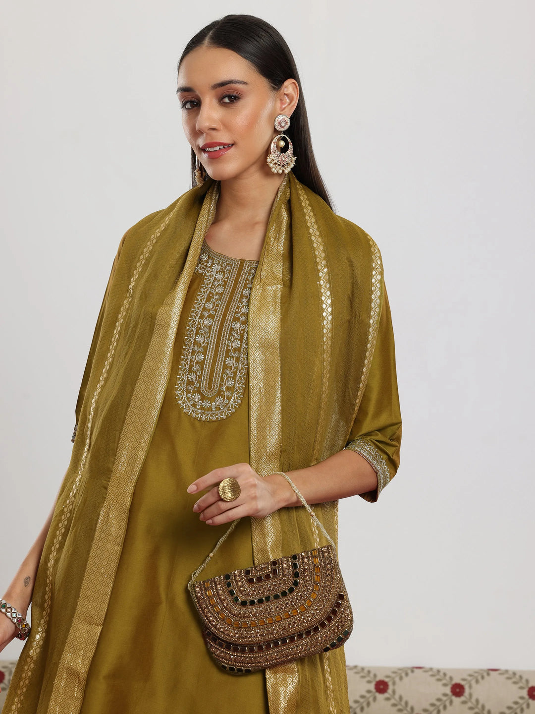 Mustard Yoke Design Silk Blend Straight Suit With Dupatta 
