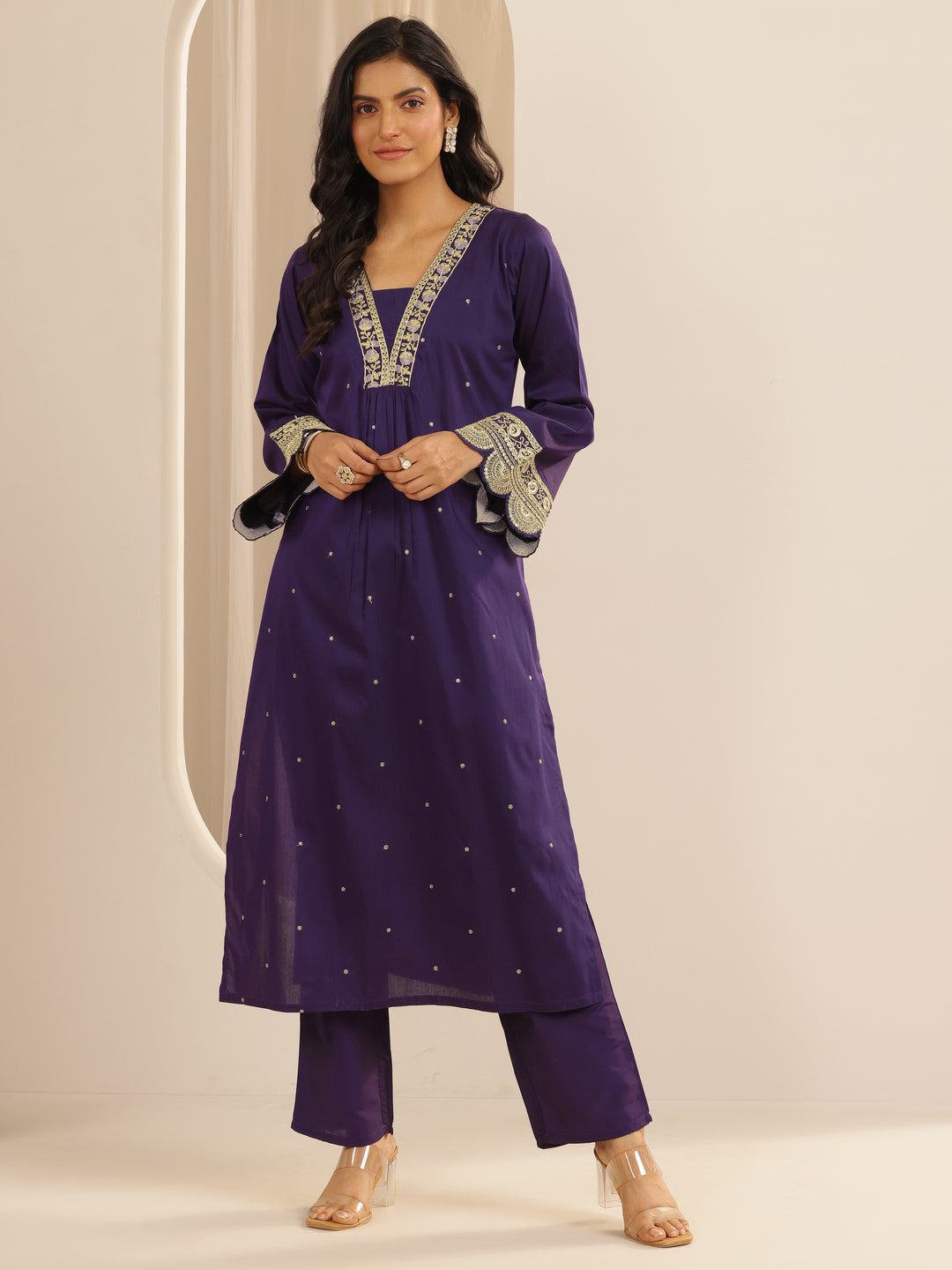  Purple Embroidered Silk Blend A-line Kurta Set 
