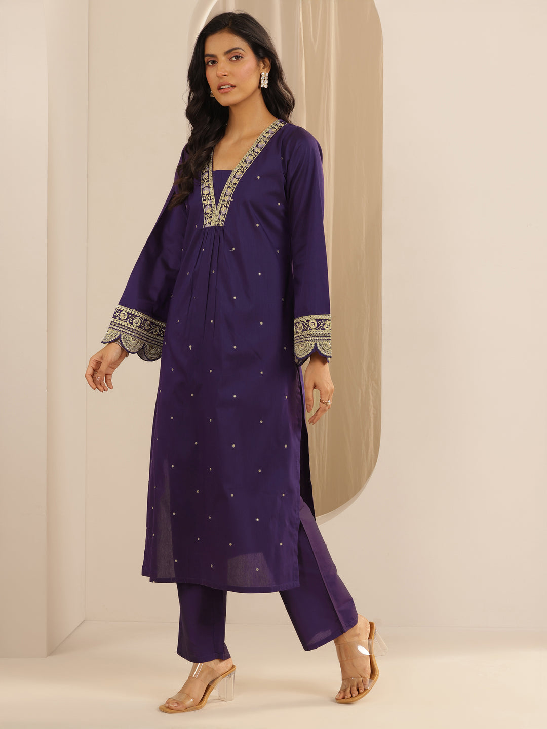  Purple Embroidered Silk Blend A-line Kurta Set 