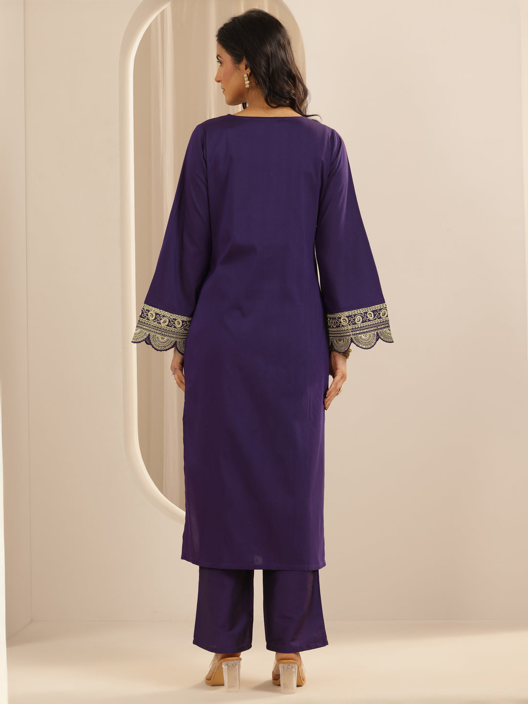  Purple Embroidered Silk Blend A-line Kurta Set 