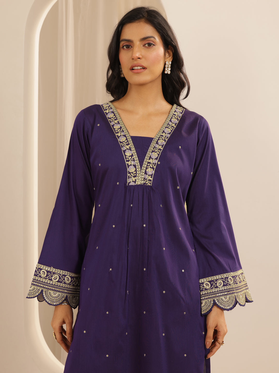  Purple Embroidered Silk Blend A-line Kurta Set 