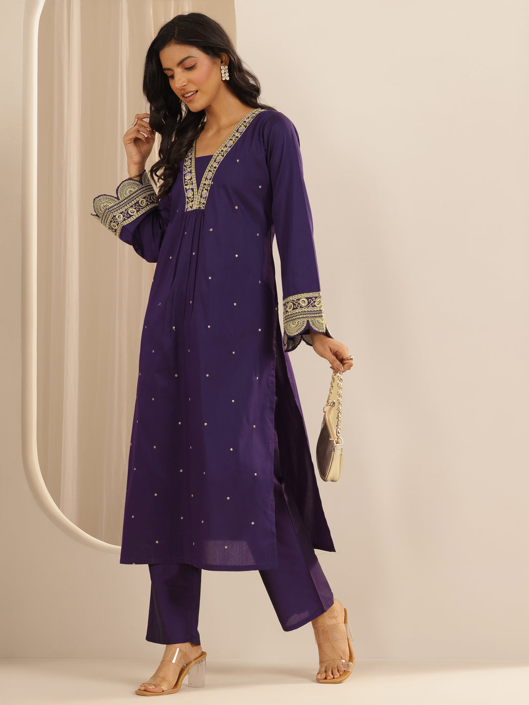  Purple Embroidered Silk Blend A-line Kurta Set 